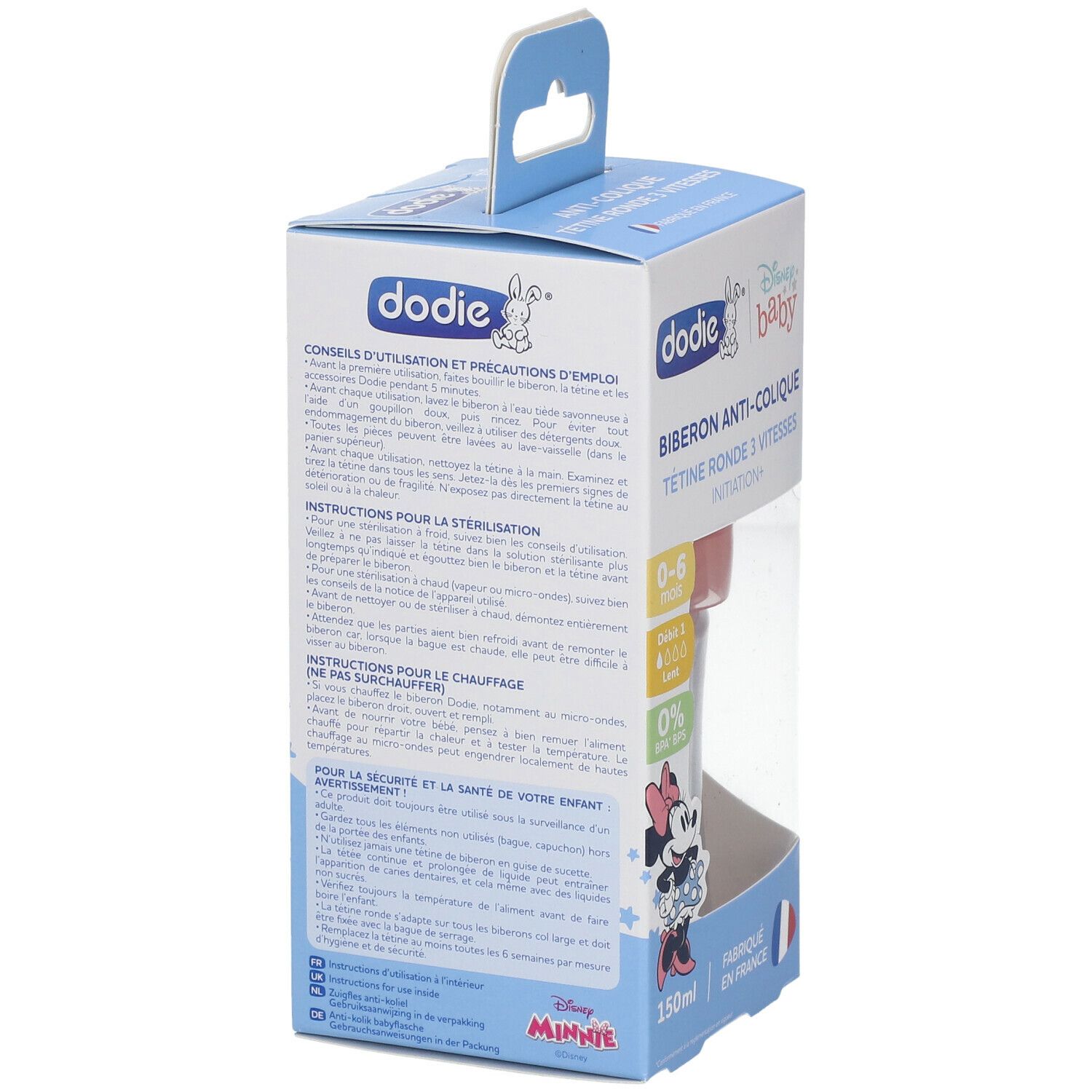 Emballage du biberon. Conseils d'utilisation et de sécurité. Marque : dodie® Baby. Fabriqué en France.