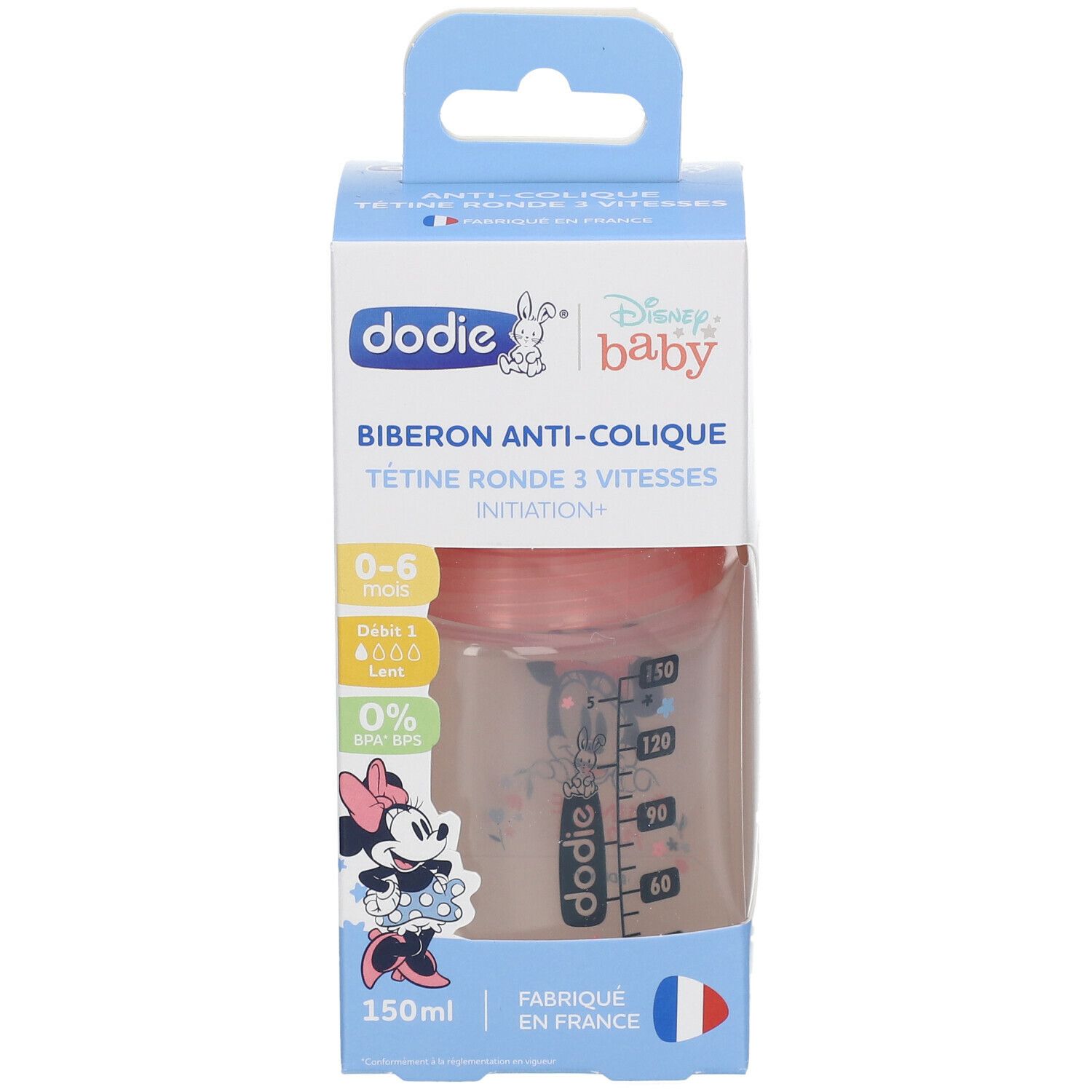Biberon anti-colique dodie® Baby, 150 ml, avec motif Minnie. Tétine ronde 3 vitesses. Emballage bleu et blanc.