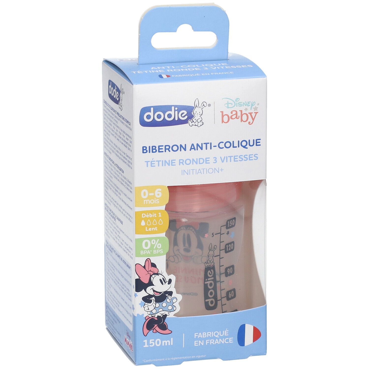 Biberon anti-colique dodie® Baby, 150 ml, avec motif Minnie. Tétine ronde 3 vitesses. Emballage bleu et blanc.