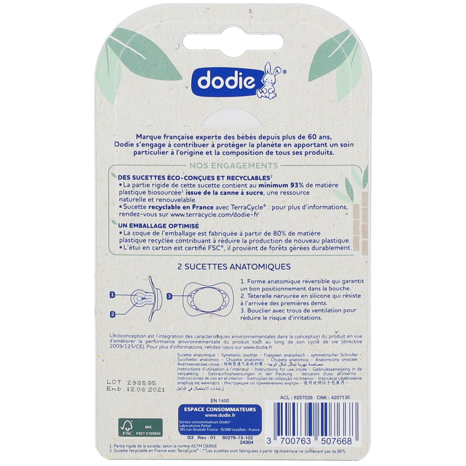 Verpakking met twee anatomische fopspenen. Merk Dodie, logo met konijn. Franse tekst, FSC-certificering.