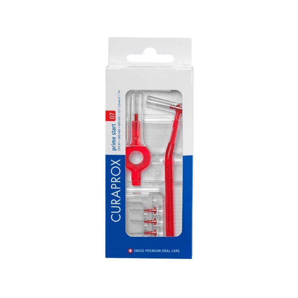 Brosse interdentaire rouge et emballage. Contient des recharges. Marque Curaprox.