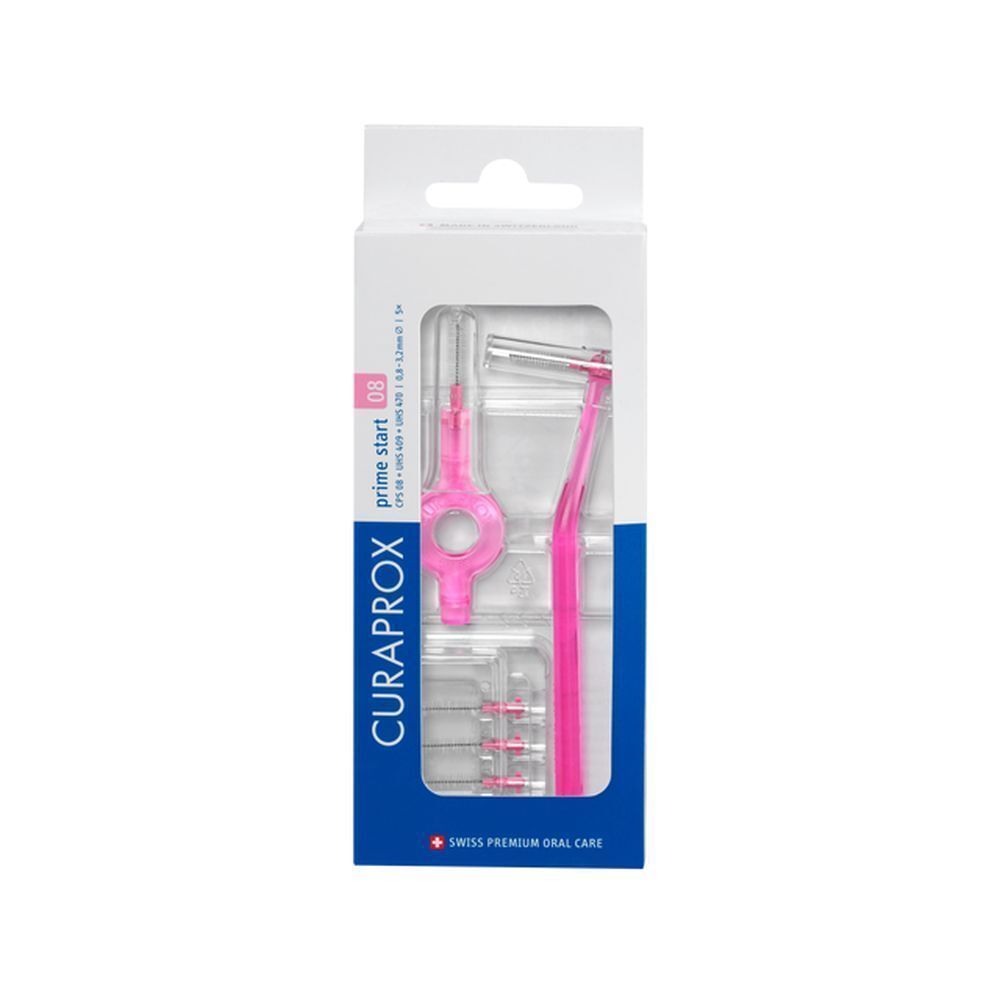 Emballage de brosses interdentaires roses et support. Marque CURAPROX, modèle Prime Start 08.
