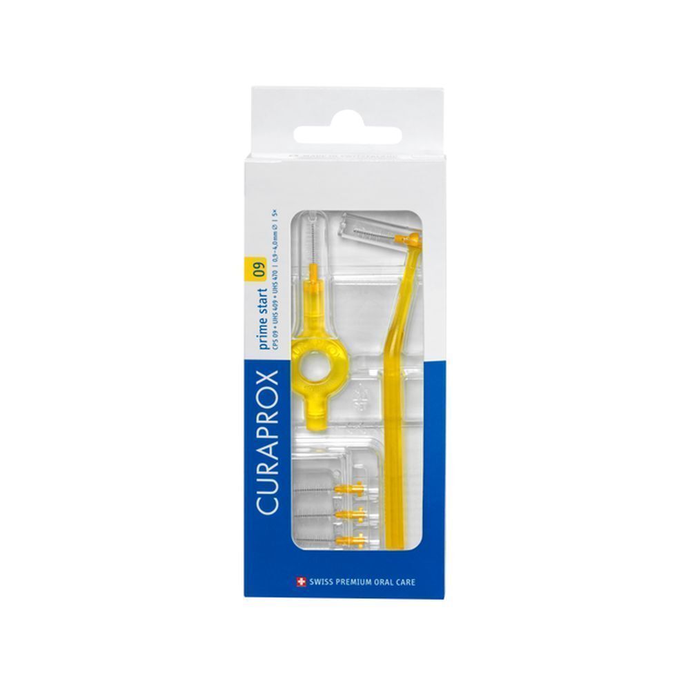 Emballage avec brosses interdentaires jaunes et support. Marque Curaprox, modèle Prime Start 09.