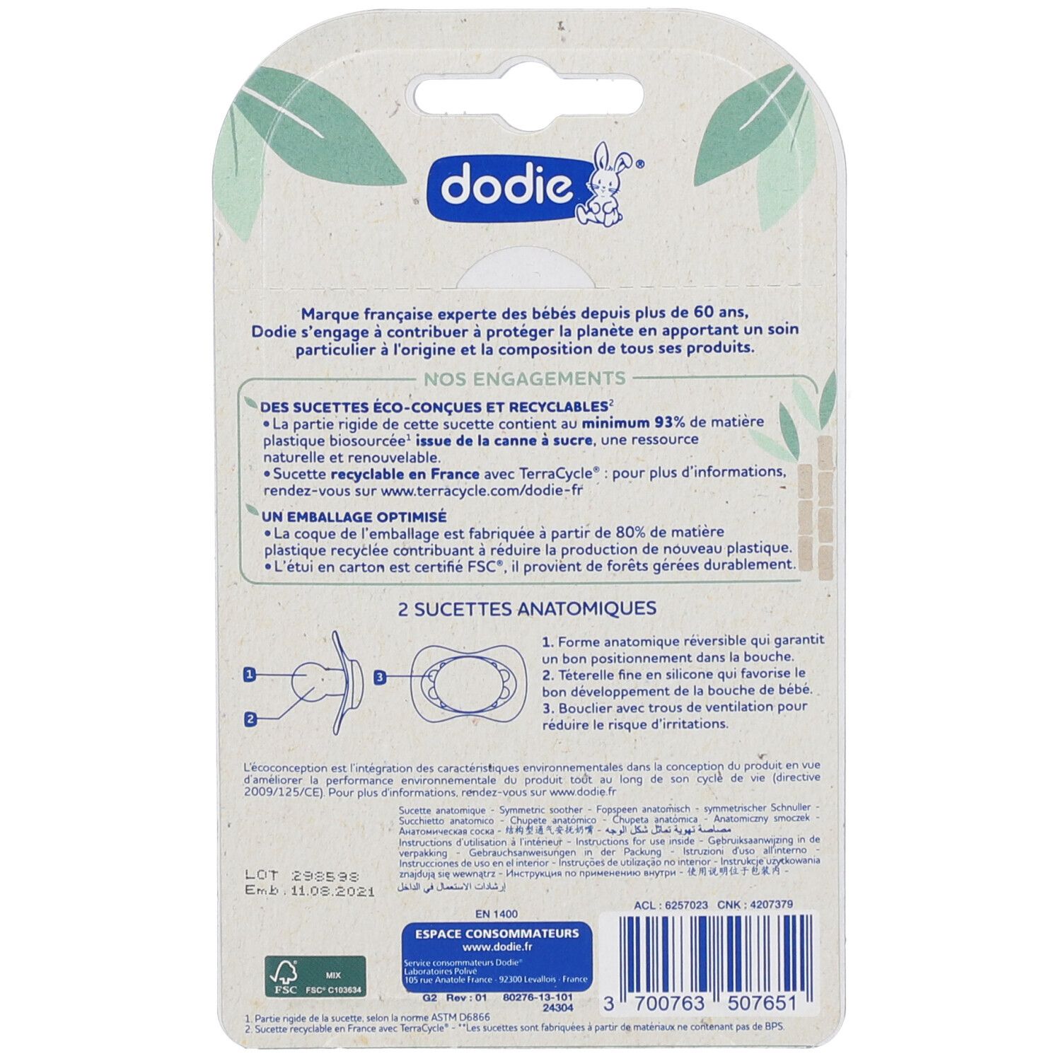 Emballage de deux sucettes Dodie. Texte et logo au dos. Certification FSC.