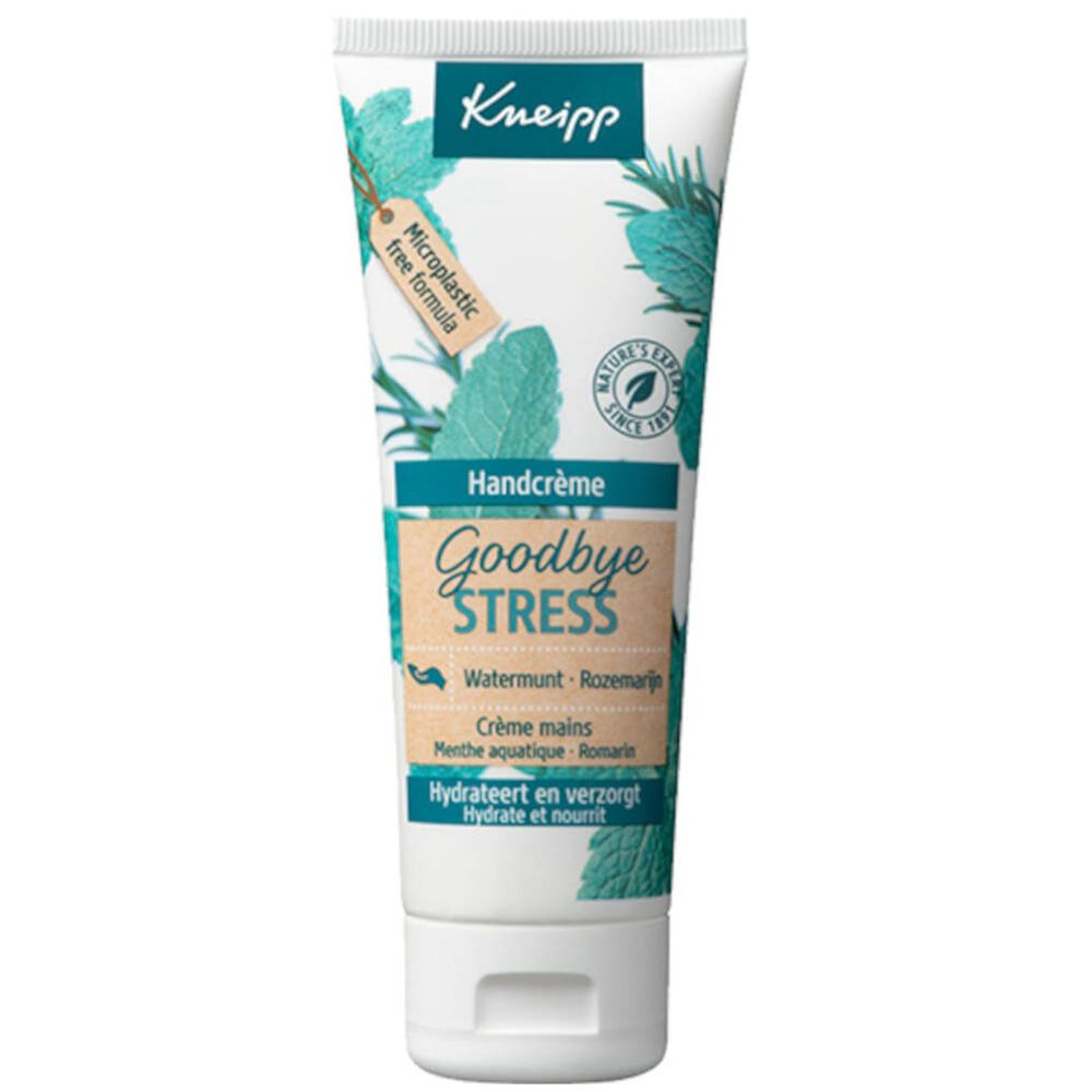 Tube blanc de crème pour les mains Kneipp. Inscription : Goodbye Stress. Avec illustrations de plantes et logo. Microplastic free formula.