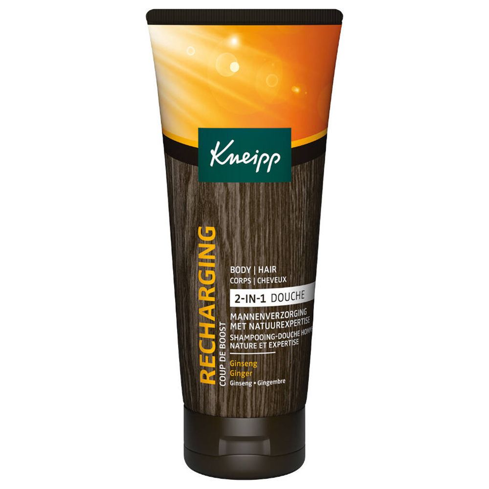 Kneipp® Man 2in1 Recharging. Tube avec base et bouchon noirs. Fond orange-brun. Nom du produit et texte en blanc et jaune.