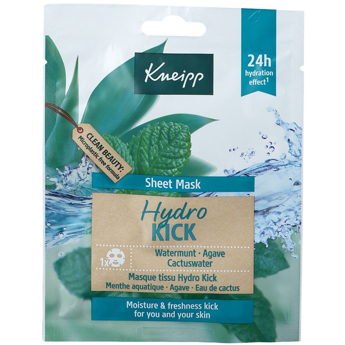 Kneipp Hydro Kick sheetmask. Verpakking met productafbeelding en tekst. "Clean Beauty" label.
