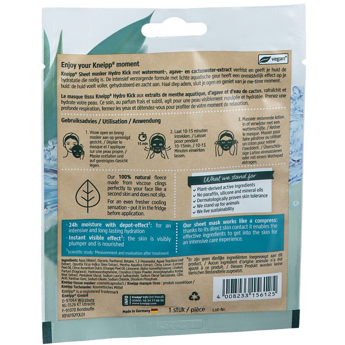 Achterkant van de Kneipp Hydro Kick sheetmask. Tekstinformatie, ingrediënten, instructies en logo.
