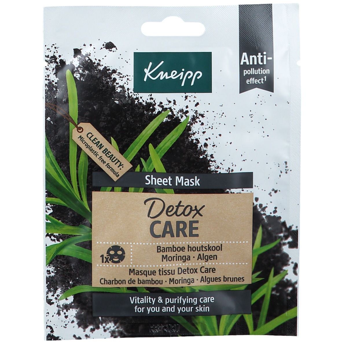Gezichtsmasker met "Detox Care" en kruiden. Verpakking met tekst en logo. Microplastic-free.