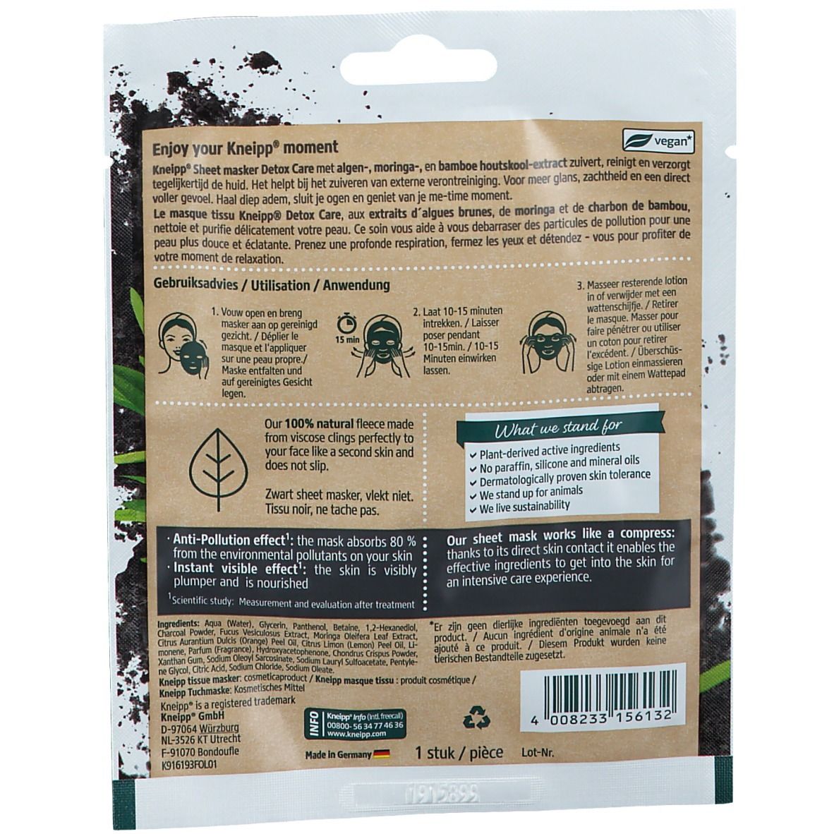 Achterkant van de gezichtsmaskerverpakking met tekst, illustraties en ingrediënten. Vegan-logo.