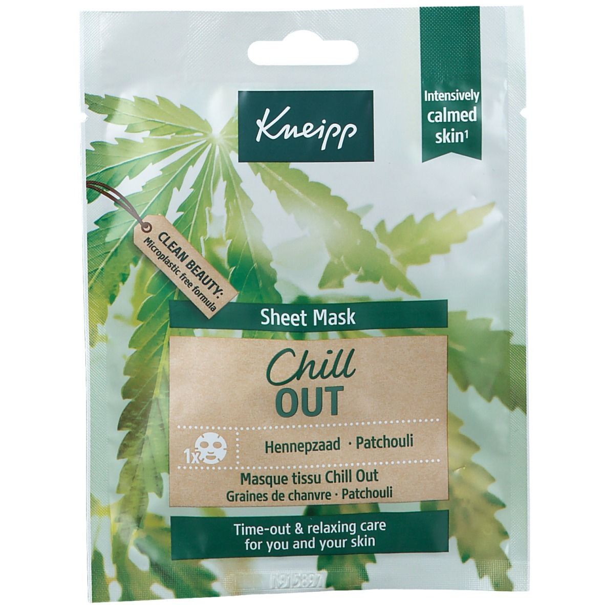 Kneipp® Tuchmaske Chill Out verpakking. Groen-wit met henneptak. Tekst: Chill Out, Sheet Mask, Microplastic free formula.