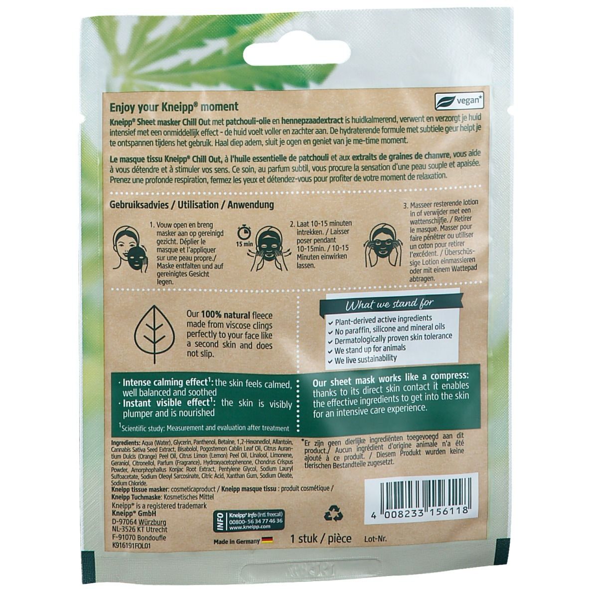 Achterkant Kneipp® Tuchmaske Chill Out. Tekst: Gebruik, ingrediënten, vegan, 1 stuk, gemaakt in Duitsland.