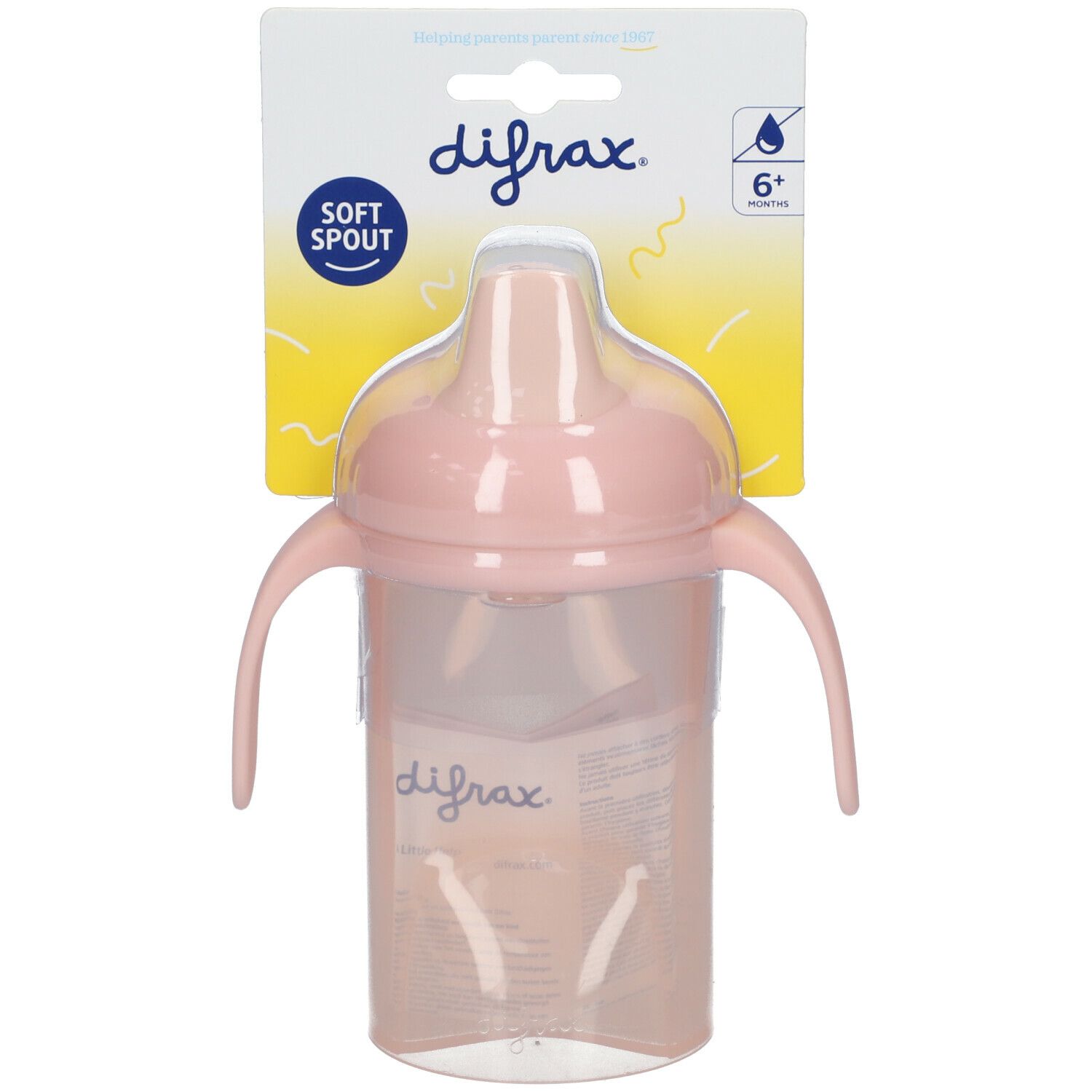 Gobelet à bec et poignées. Rose, avec emballage. Inscriptions : difrax, Soft Spout, 6+ mois.