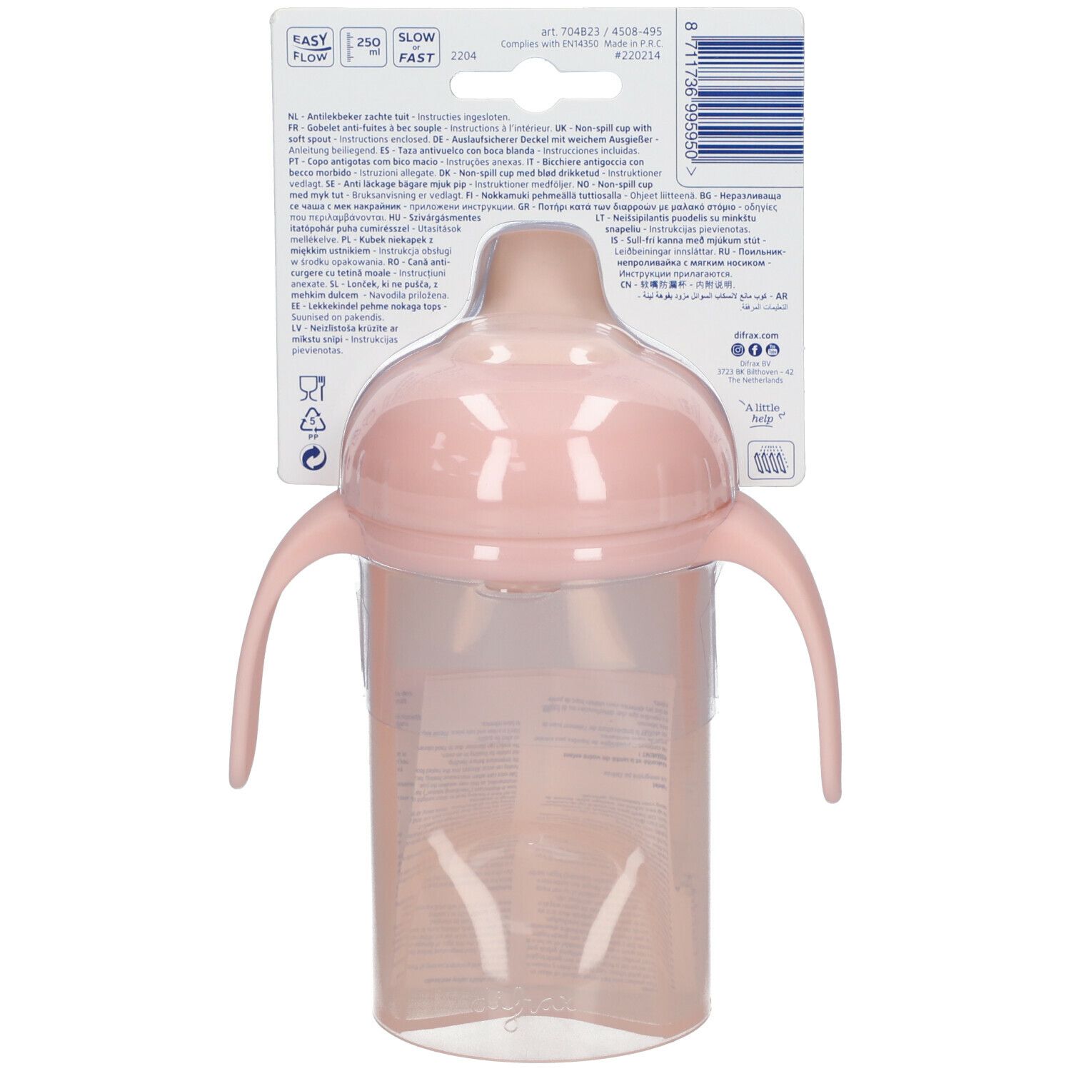 Gobelet rose avec poignées et bec. Emballage avec informations produit.