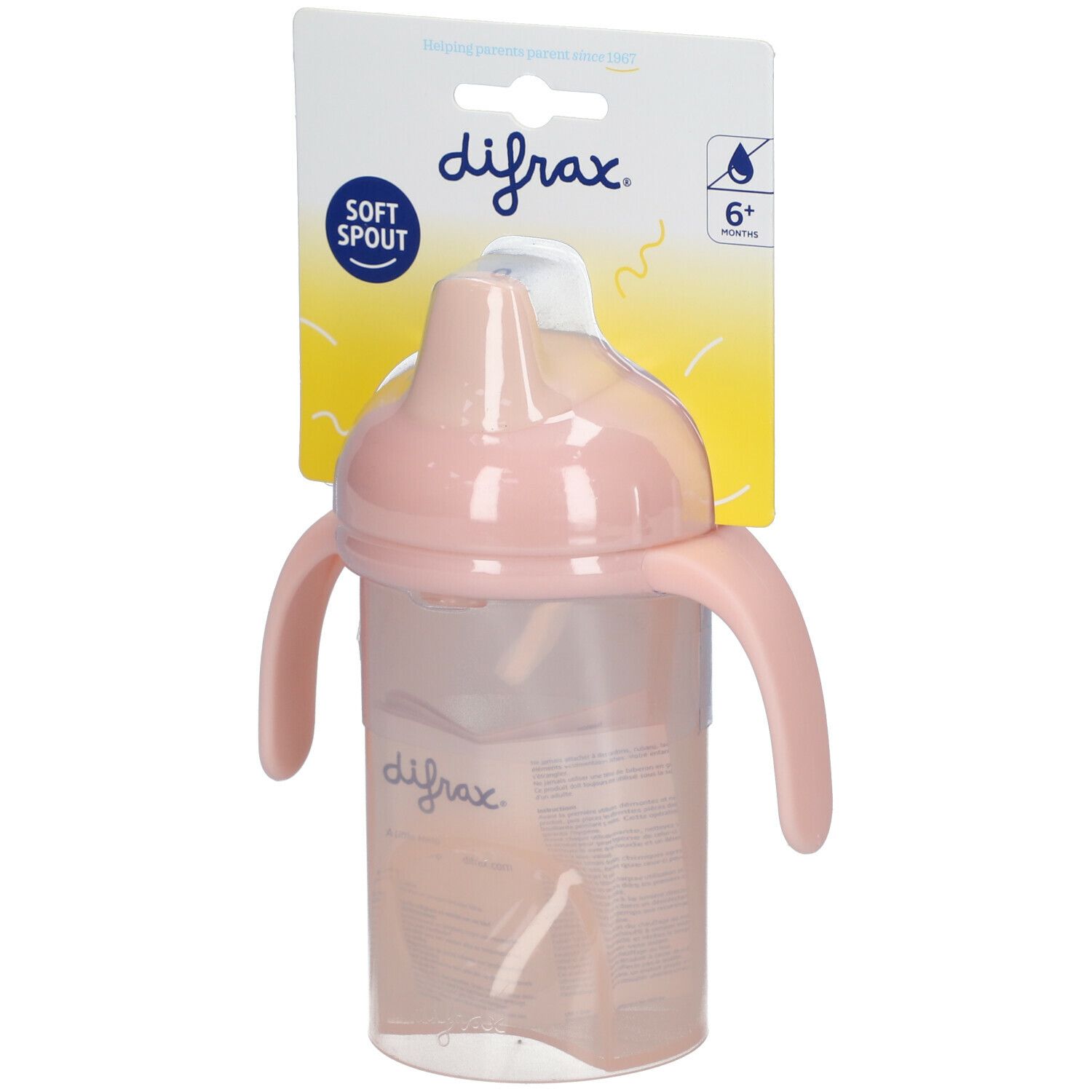 Gobelet à bec et poignées. Rose, avec emballage. Inscriptions : difrax, Soft Spout, 6+ mois.