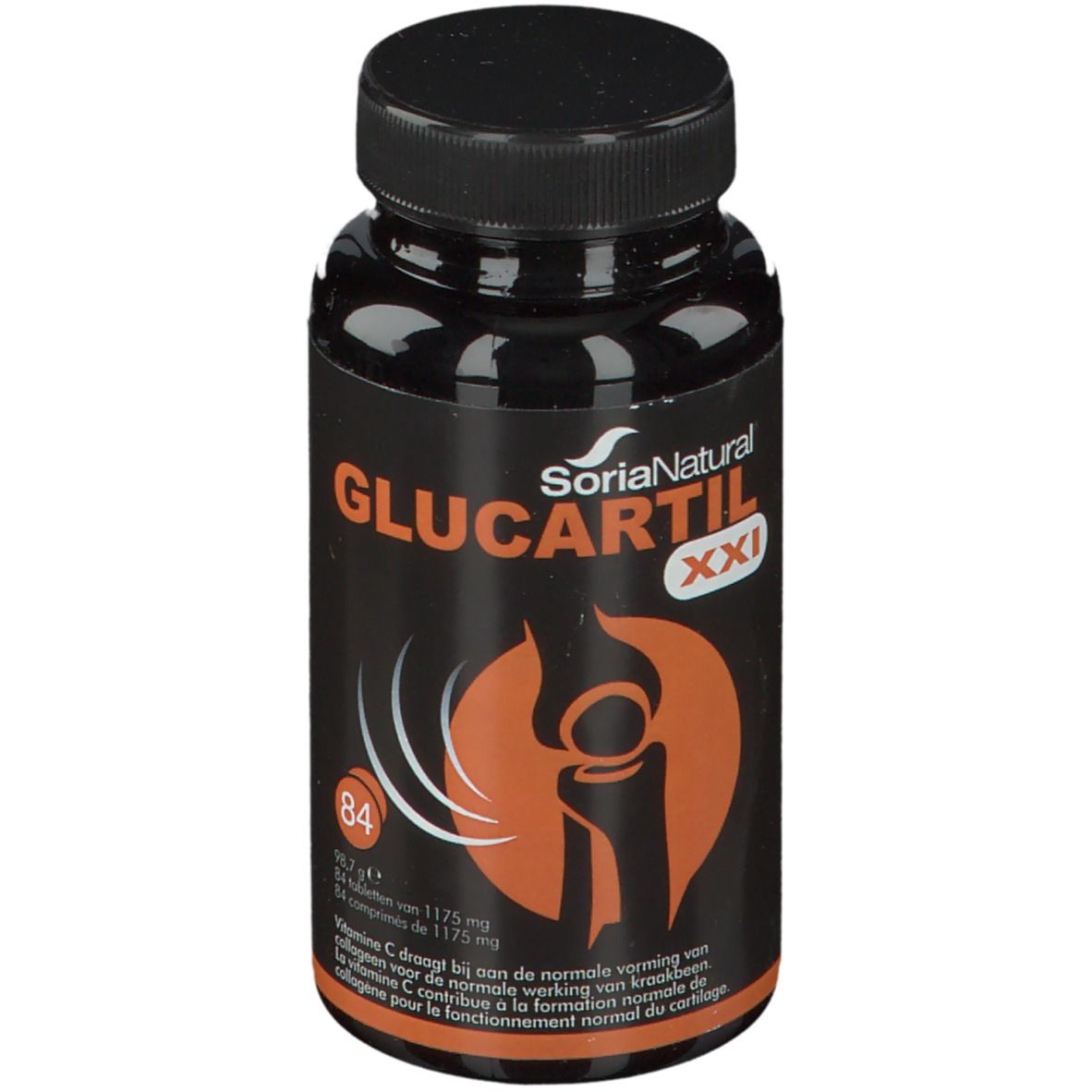 Zwarte fles Glucartil XXI. Merk Soria Natural. 84 tabletten. Illustratie van een gewricht.