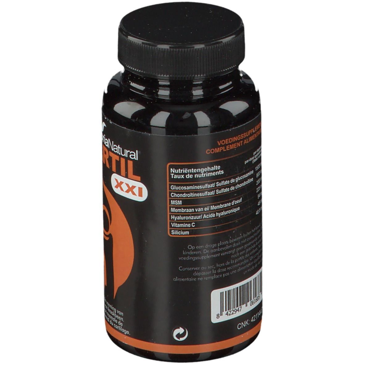 Achterkant zwarte fles Glucartil XXI. Ingrediëntenlijst. Voedingswaarde. Merk Soria Natural.
