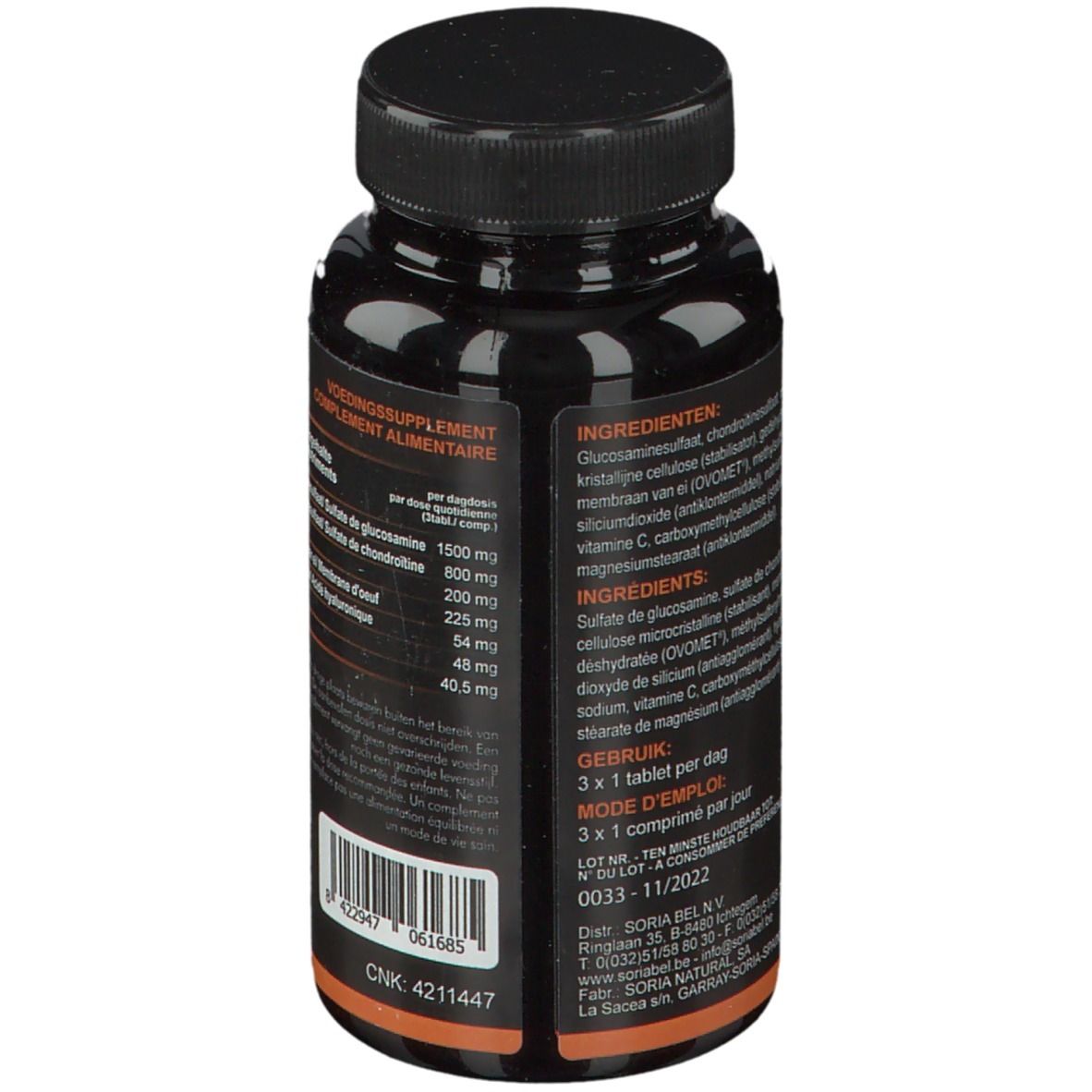 Achterkant zwarte fles Glucartil XXI. Ingrediëntenlijst. Dosering. Merk Soria Natural.