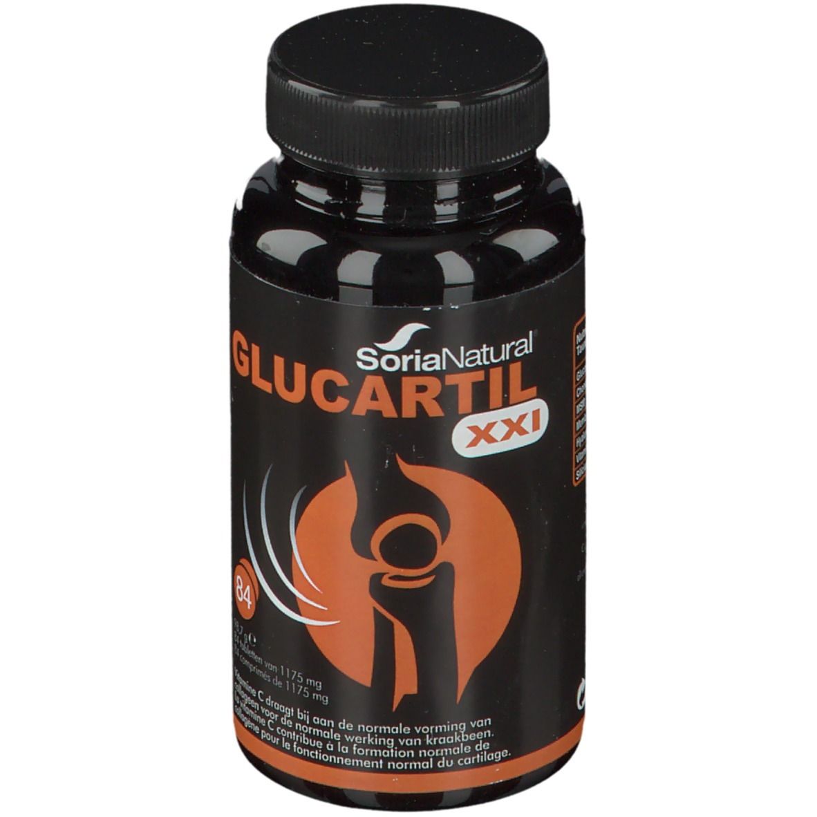 Zwarte fles Glucartil XXI. Merk Soria Natural. 84 tabletten. Illustratie van een gewricht.