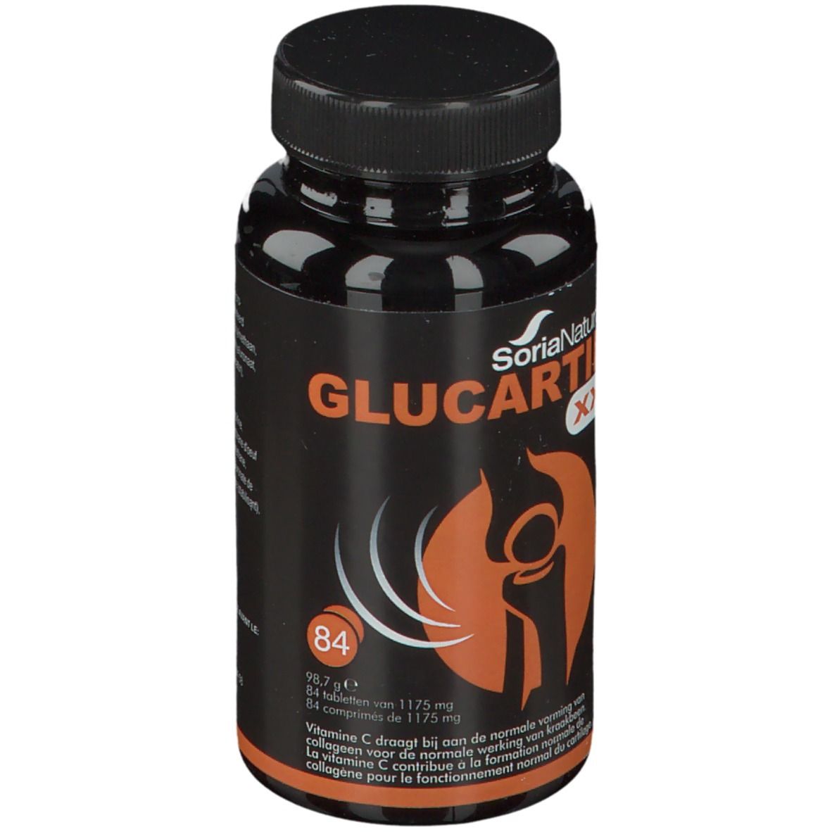 Zwarte fles Glucartil XXI. Merk Soria Natural. 84 tabletten. Illustratie van een gewricht.