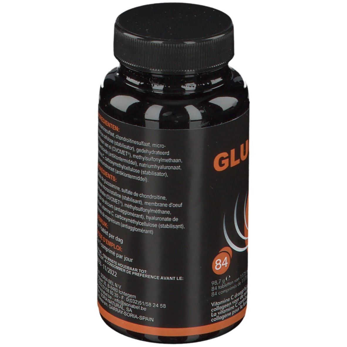 Achterkant zwarte fles Glucartil XXI. Ingrediëntenlijst. 84 tabletten. Merk Soria Natural.