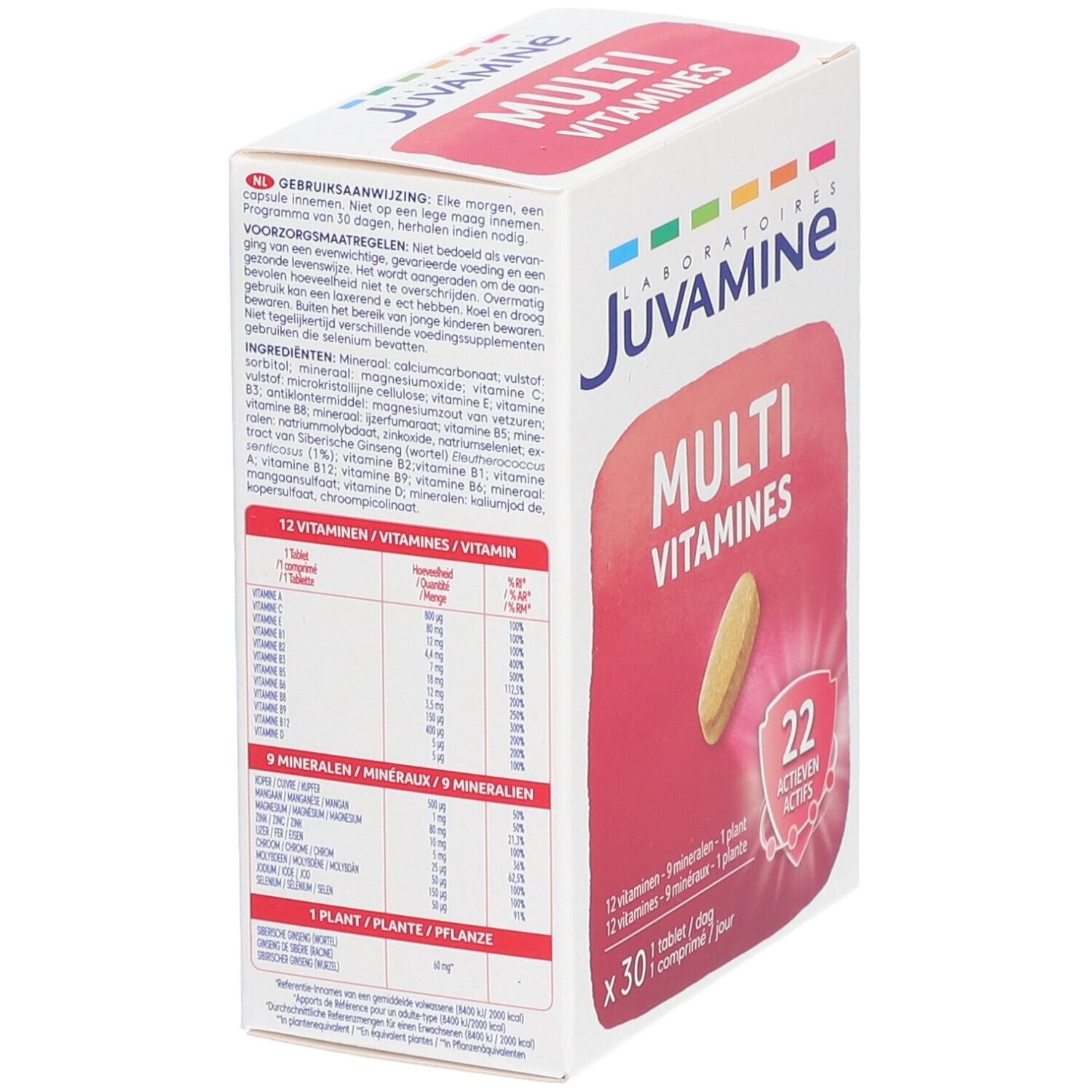 Boîte Juvamine Multi Vitamines. Dos avec ingrédients et informations nutritionnelles. 30 comprimés.