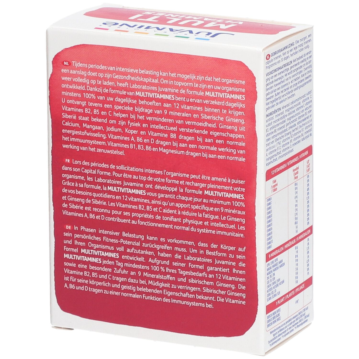 Boîte Juvamine Multi Vitamines. Texte au dos. 12 vitamines, 9 minéraux, 1 plante. 30 comprimés.
