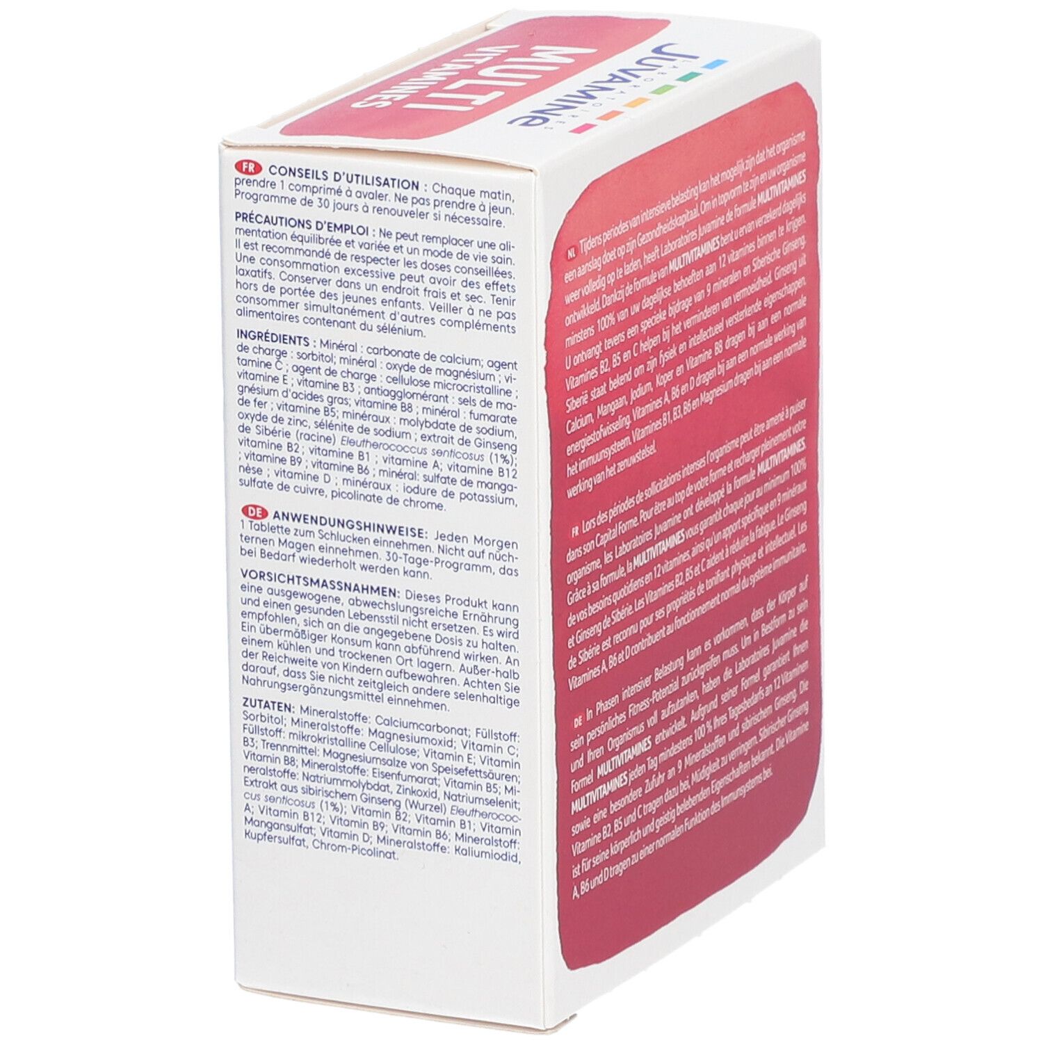 Boîte Juvamine Multi Vitamines. Dos avec conseils d'utilisation. 30 comprimés. 1 par jour.