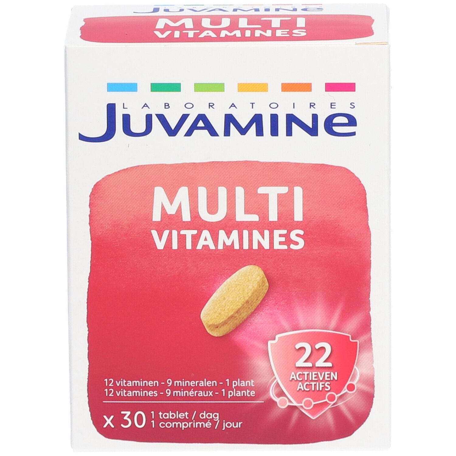 Boîte Juvamine Multi Vitamines. Zone rouge avec comprimé. 22 actifs. 30 comprimés.