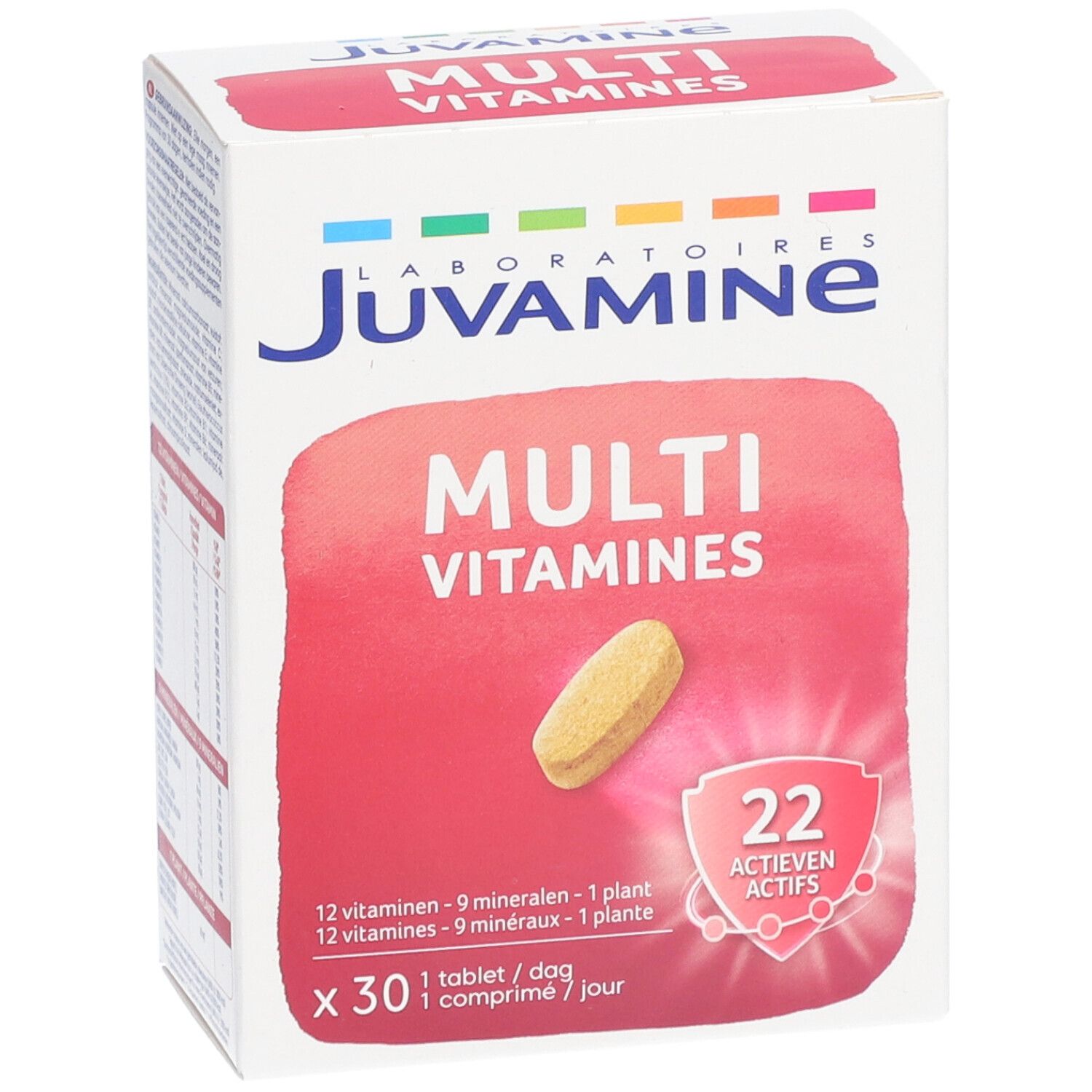 Boîte Juvamine Multi Vitamines. Zone rouge avec comprimé. 22 actifs. 30 comprimés.