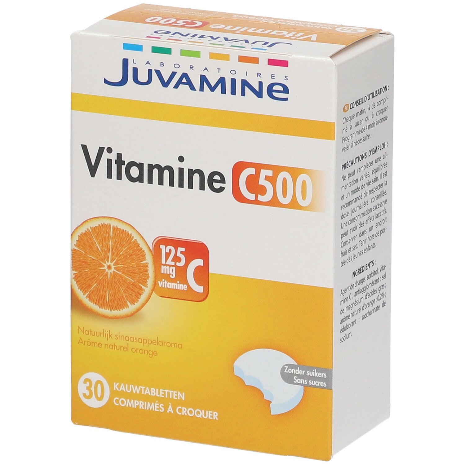 Doos JUVAMINE Vitamine C500. Sinaasappel afgebeeld. 30 kauwtabletten. 125mg vitamine C. Zonder suikers.