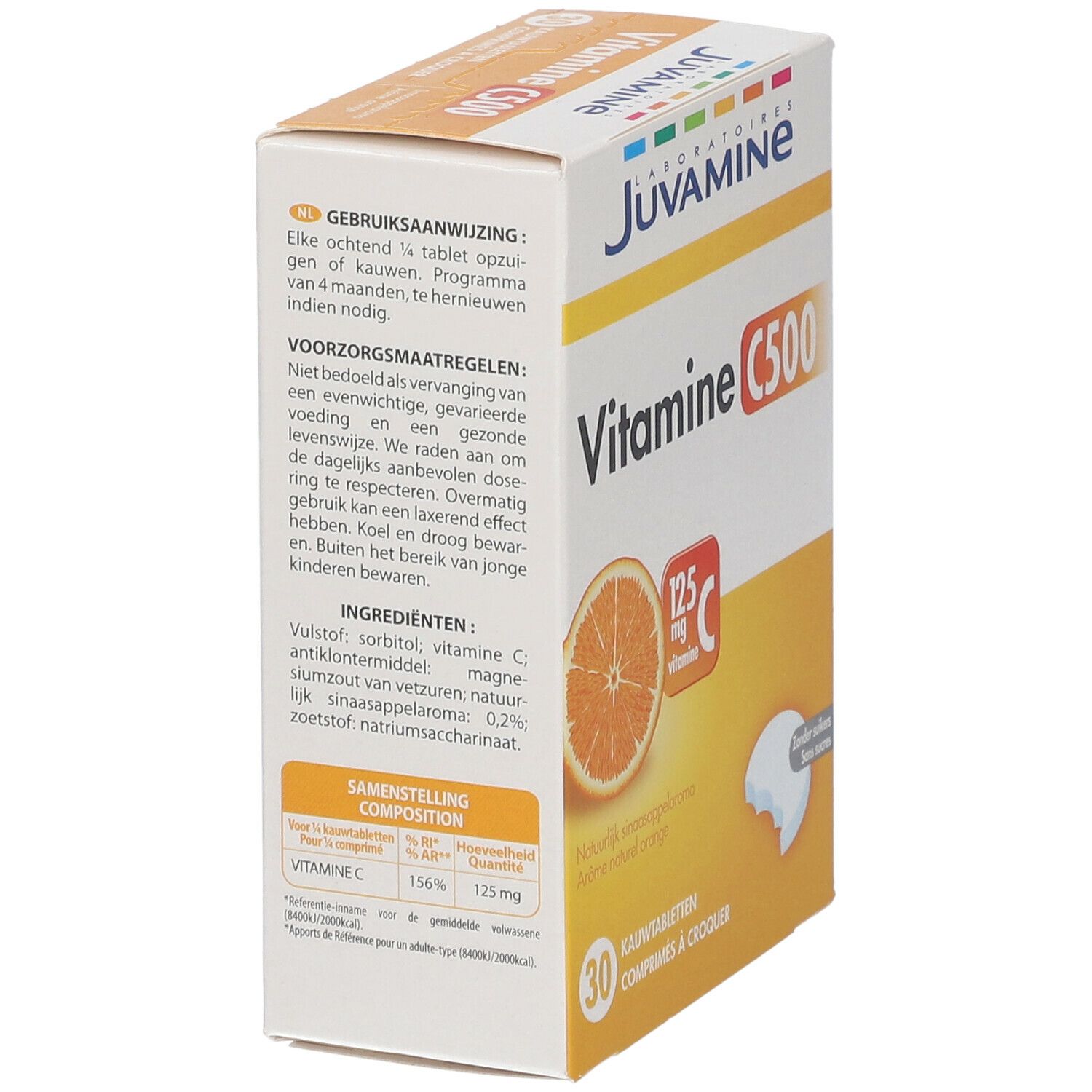 Doos JUVAMINE Vitamine C500. Sinaasappel en tablet afgebeeld. 30 kauwtabletten. 125mg vitamine C.
