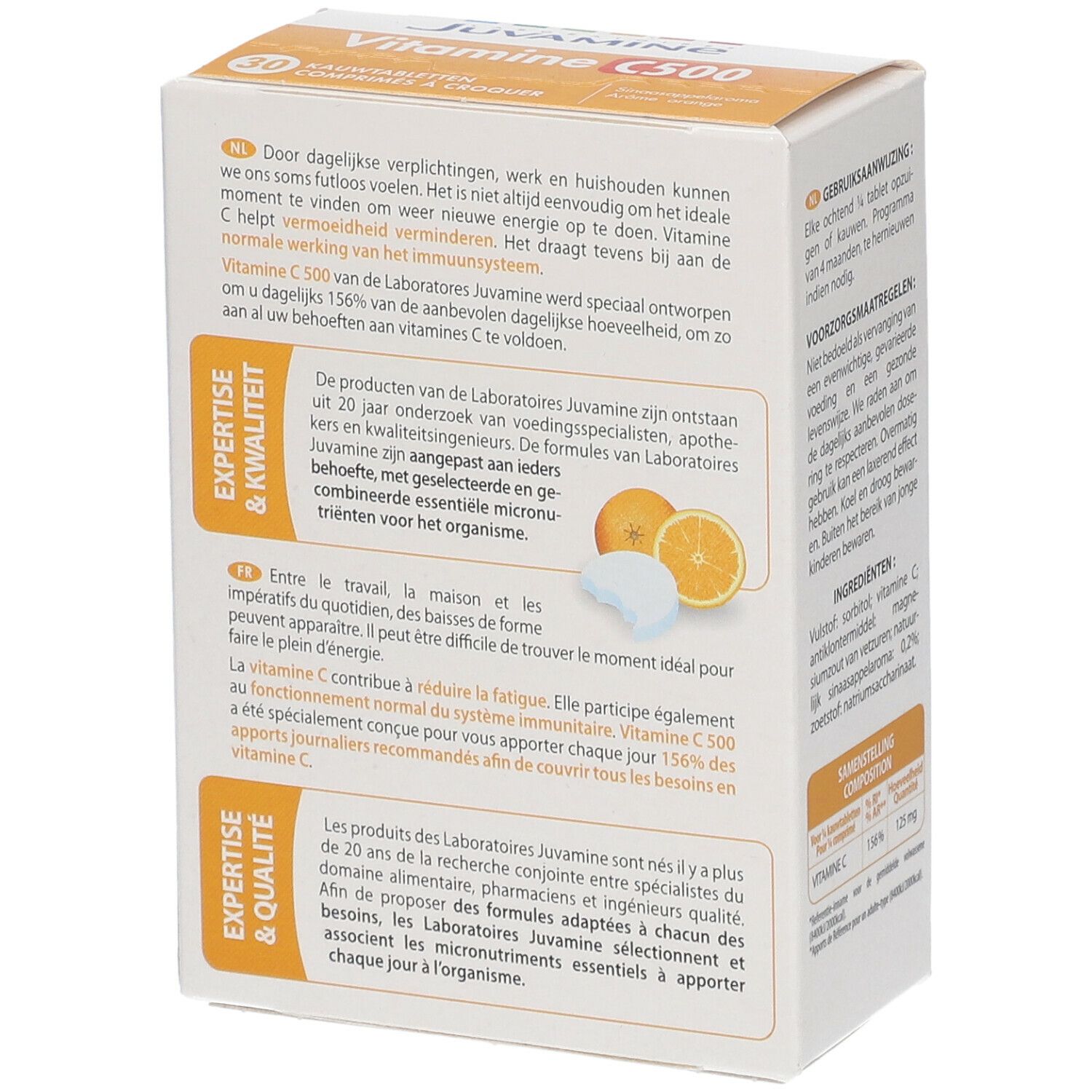 Achterkant van de doos JUVAMINE Vitamine C500. Tekst in het Duits en Frans. Sinaasappel en tablet afgebeeld.