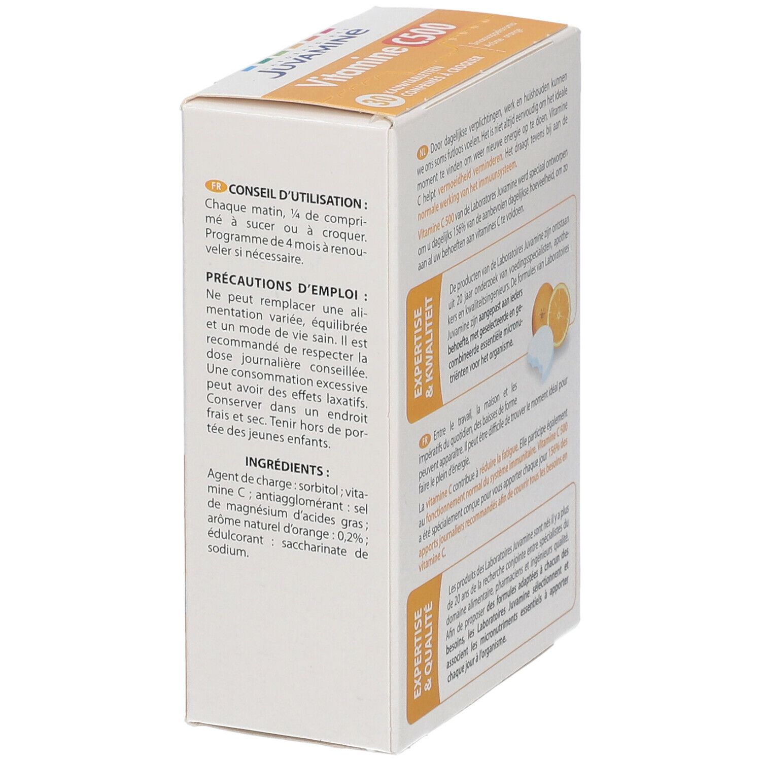 Zijkant van de doos JUVAMINE Vitamine C500. Tekst in het Duits en Frans. Sinaasappel en tablet afgebeeld.