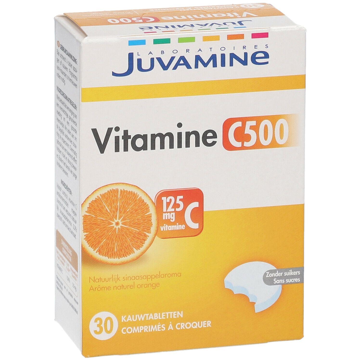 Doos JUVAMINE Vitamine C500. Sinaasappel afgebeeld. 30 kauwtabletten. 125mg vitamine C. Zonder suikers.