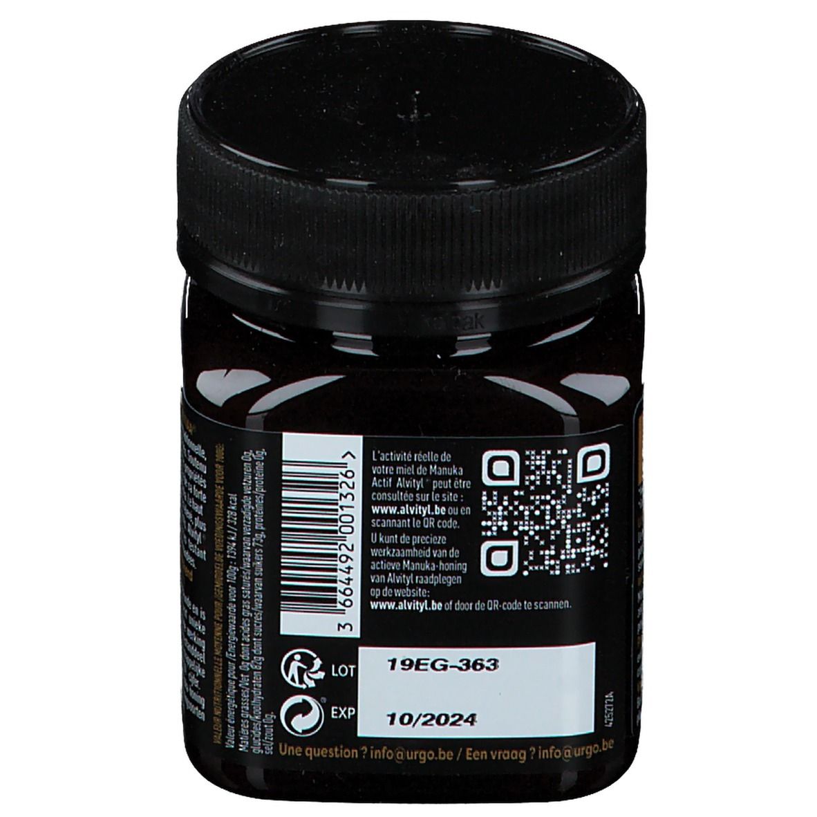 Achterkant van de pot. QR-code en houdbaarheidsdatum 10/2024. Chargenummer 19EG-363.