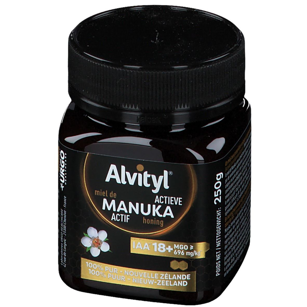 Pot met zwarte deksel. Etiket met productnaam, IAA 18+ en MGO 696 mg/kg. 250g. 100% puur.
