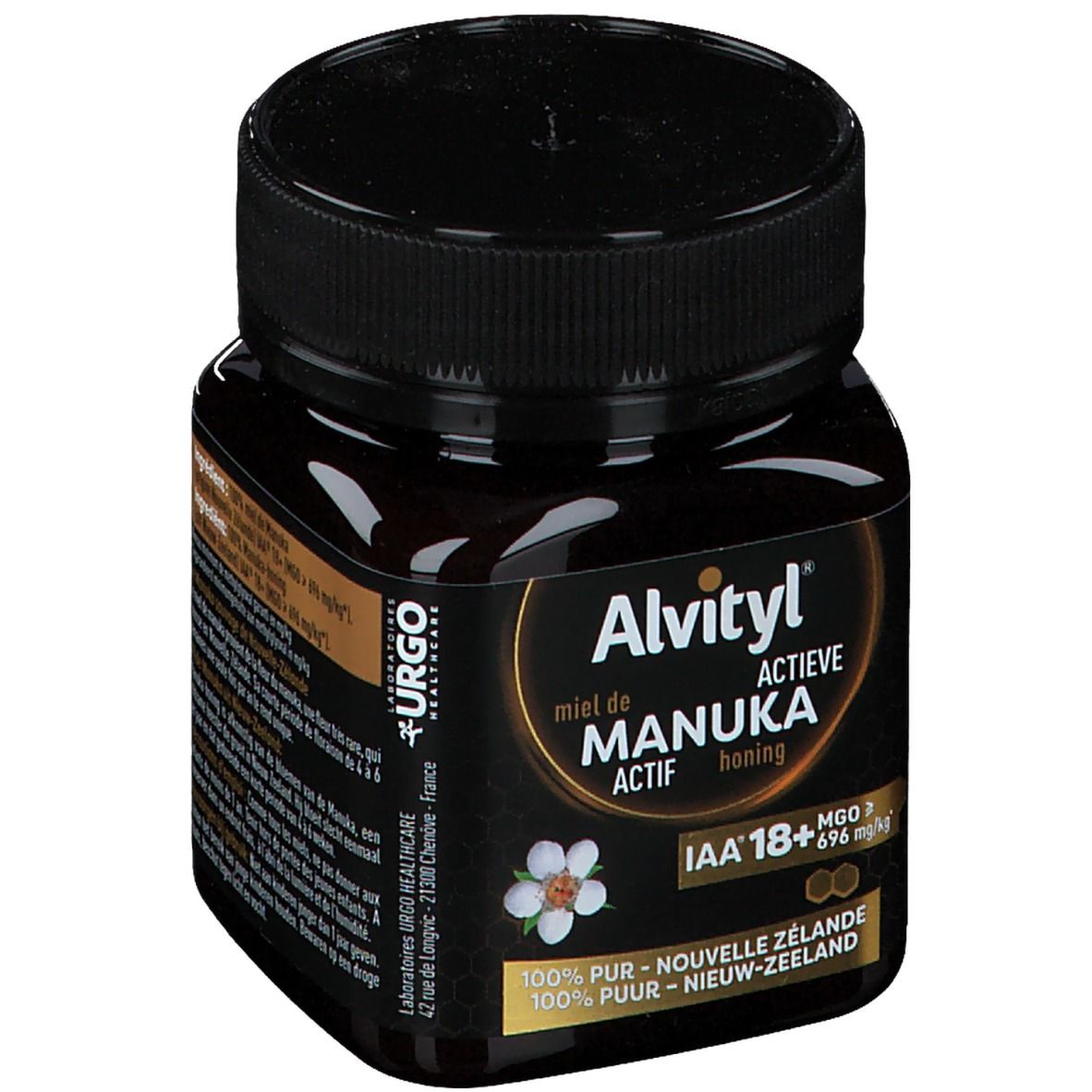 Pot met zwarte deksel. Etiket met productnaam, IAA 18+ en MGO 696 mg/kg. 250g. 100% puur.