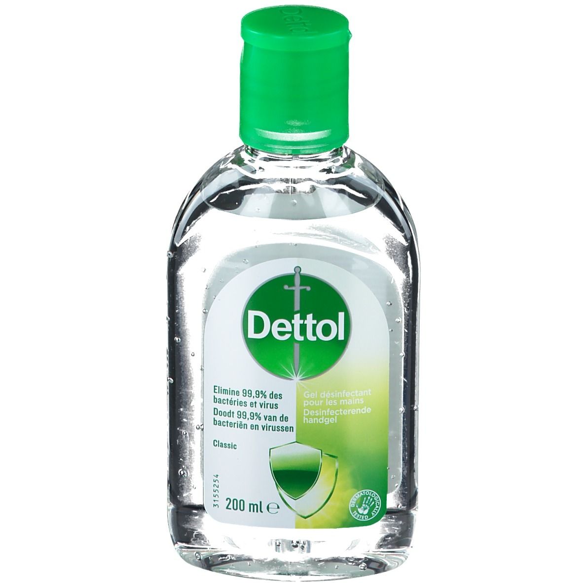 Transparante fles met groene dop. Etiket met "Dettol".