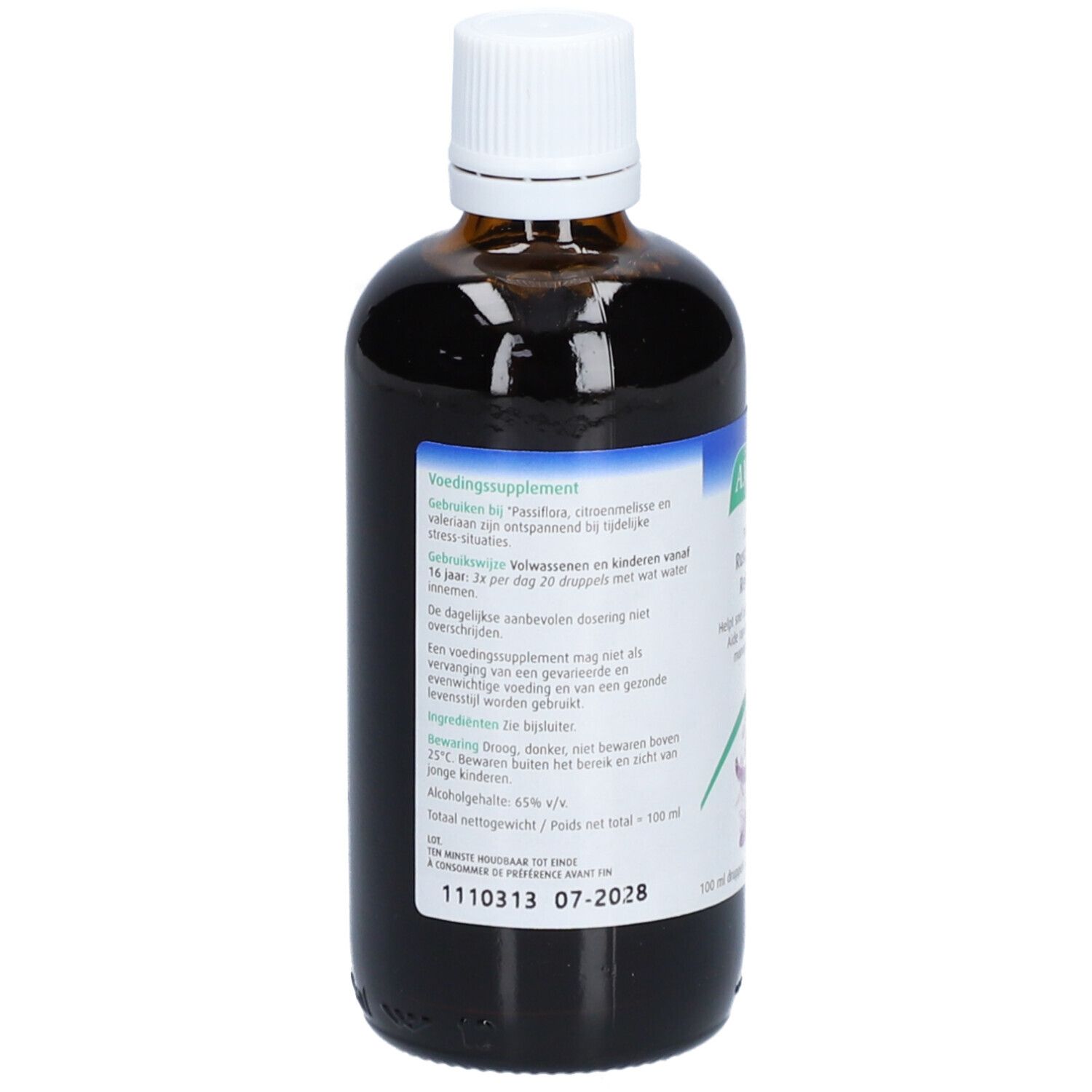Dos du flacon en verre brun. Étiquette avec informations sur le produit et ingrédients.