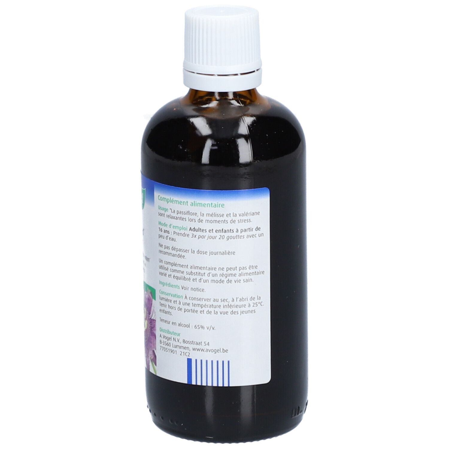 Dos du flacon en verre brun. Étiquette avec informations sur le produit et ingrédients.