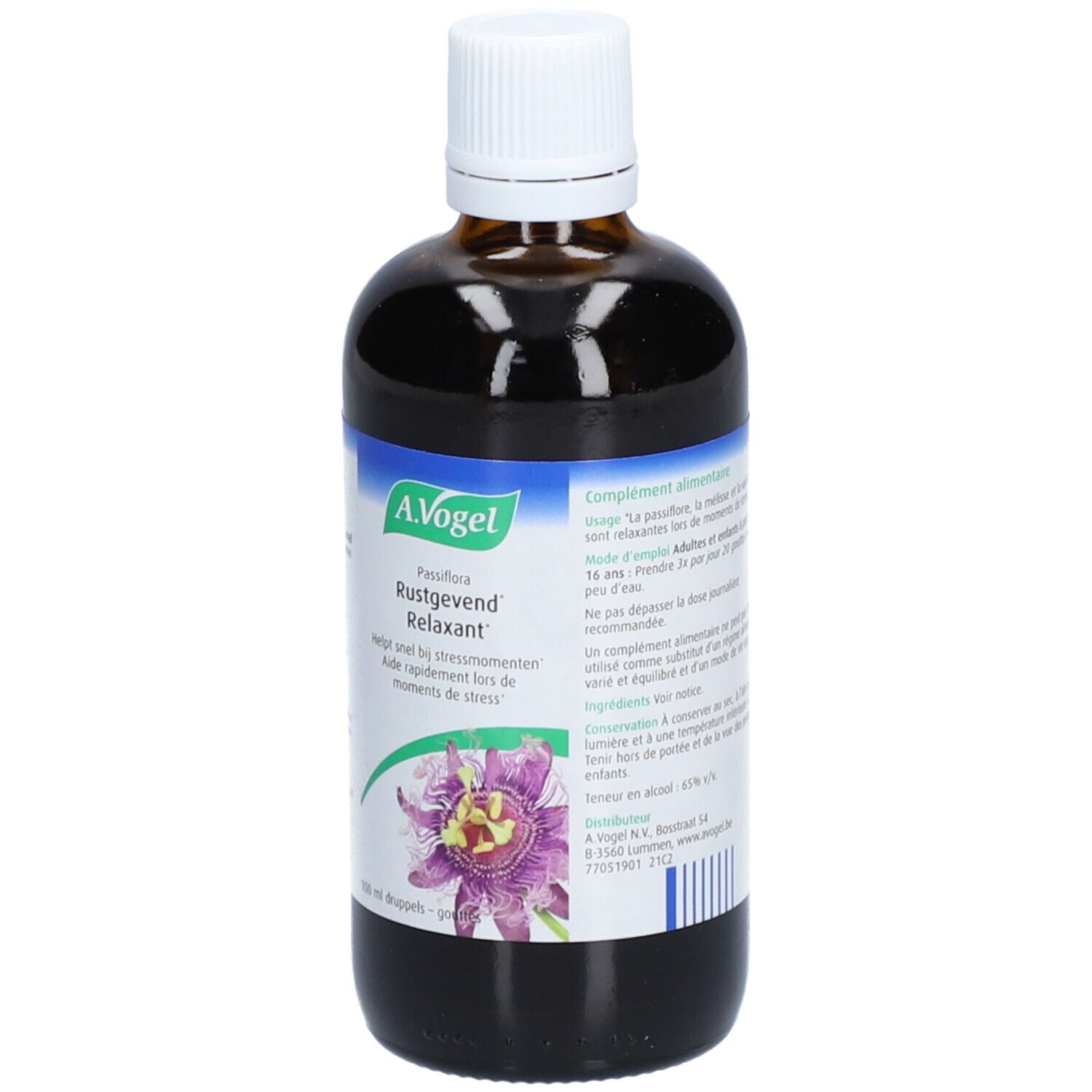 Flacon en verre brun, bouchon blanc. Étiquette avec logo, nom du produit et illustration florale.