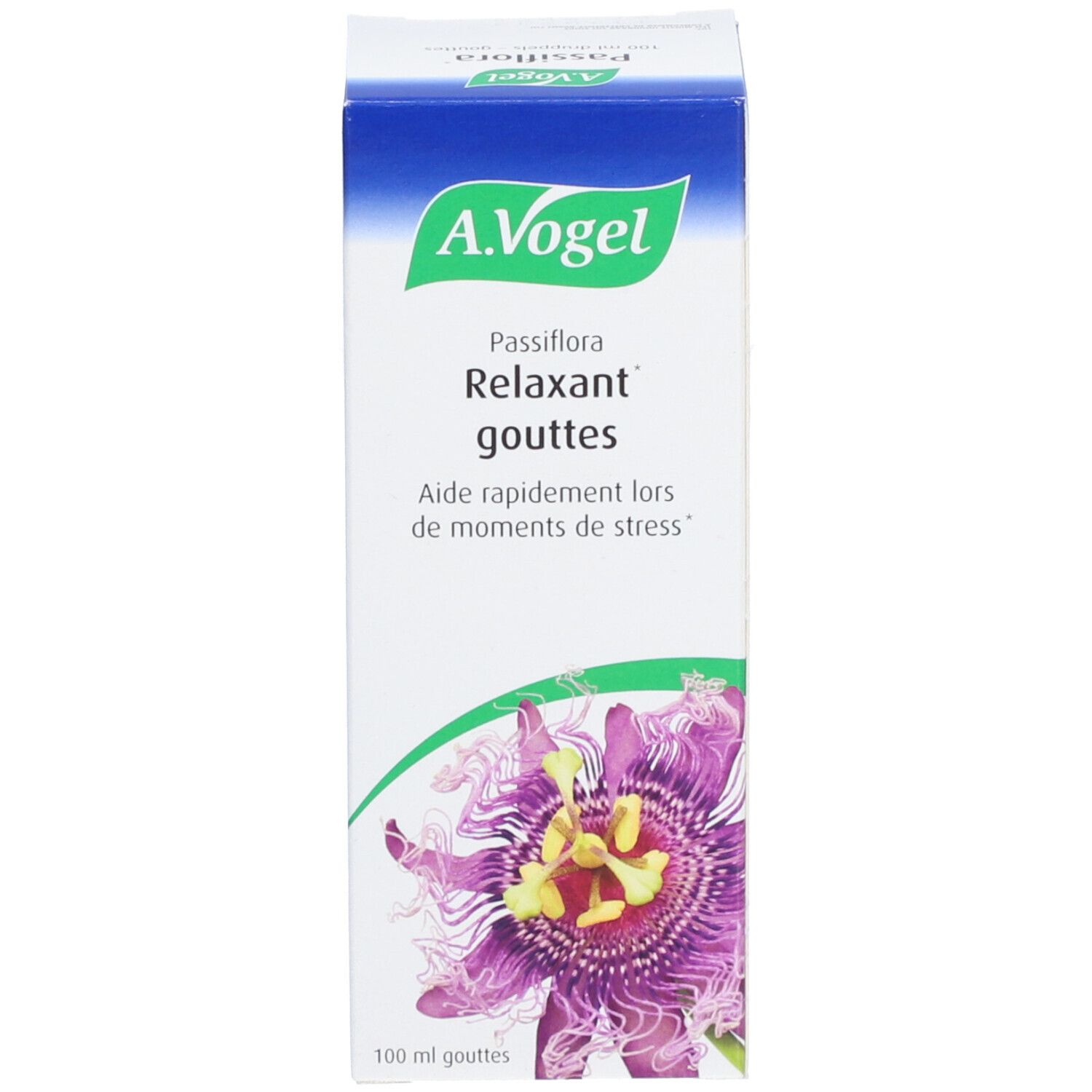Boîte blanche avec logo bleu et nom du produit. Illustration florale.