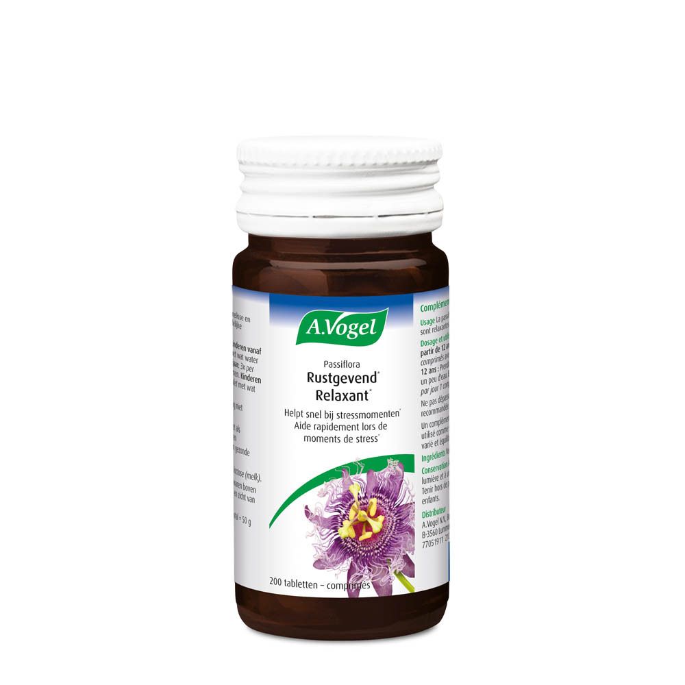 Bruine glazen fles met witte dop. A. Vogel Passiflora-Komplex tabletten. 200 tabletten.