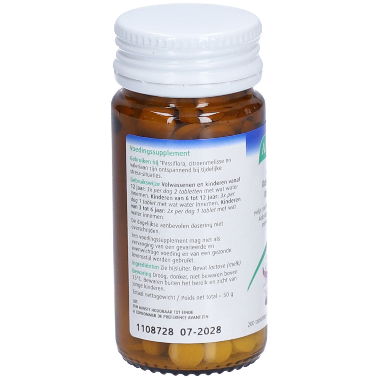 Rückseite der braunen Glasflasche. Text in Niederländisch. A. Vogel Passiflora-Komplex Tabletten.