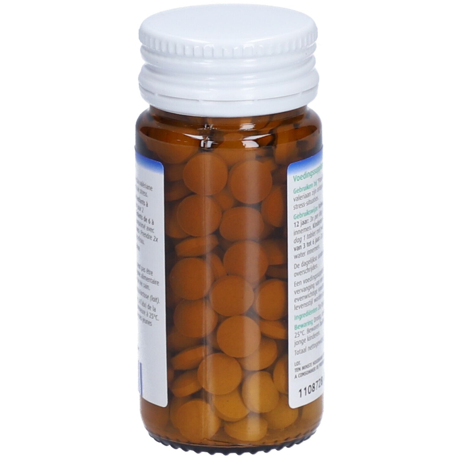 Braune Glasflasche mit weißen Deckel. Tabletten sichtbar. A. Vogel Passiflora-Komplex Tabletten.