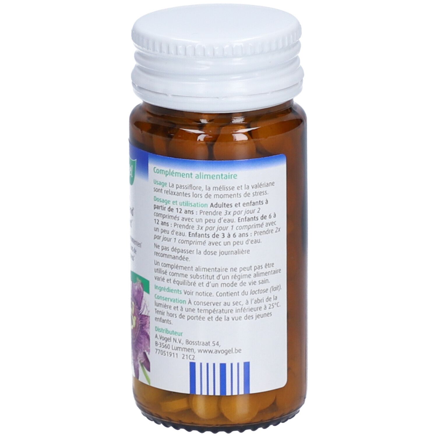 Rückseite der braunen Glasflasche. Text in Französisch. A. Vogel Passiflora-Komplex Tabletten.