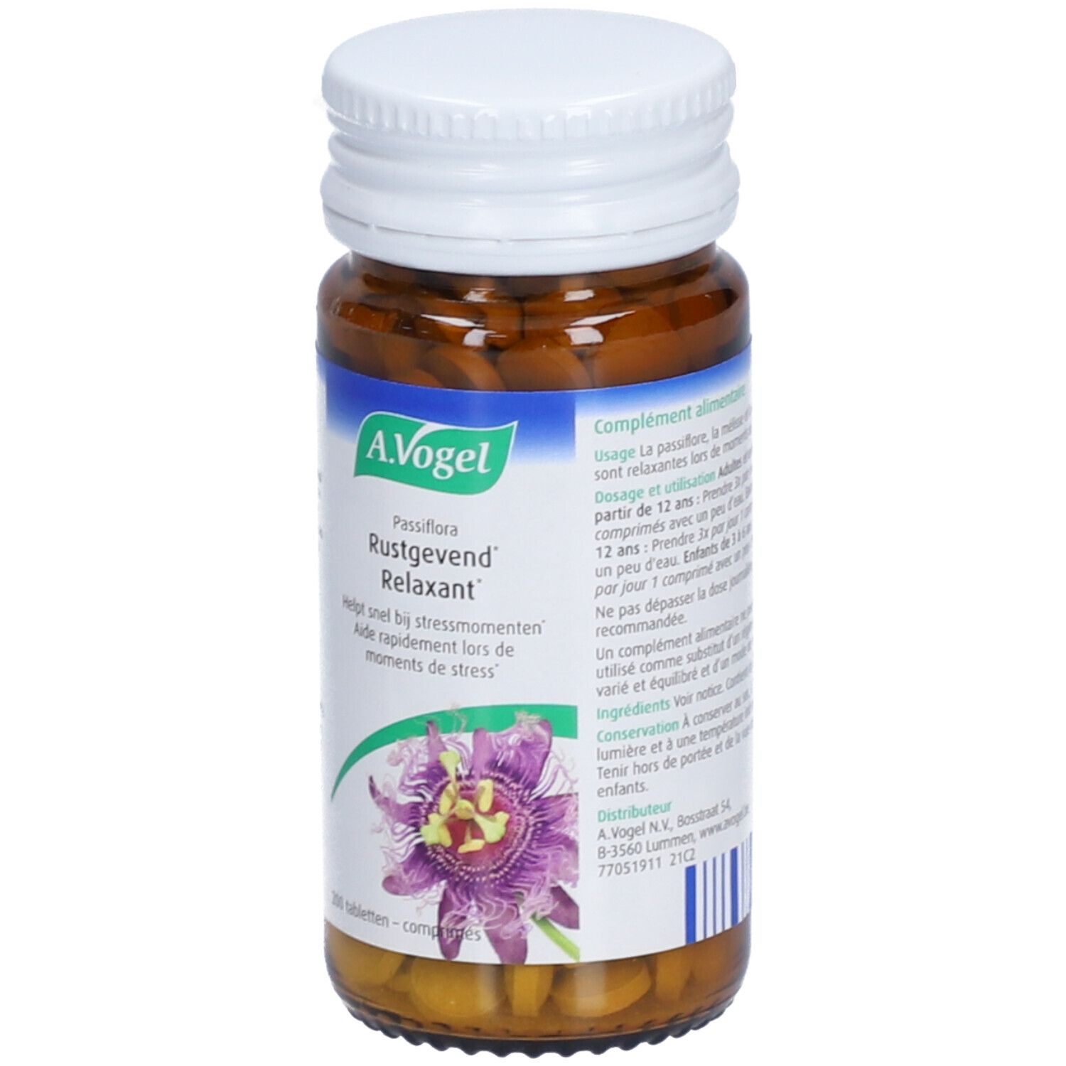 Braune Glasflasche mit weißen Deckel. A. Vogel Passiflora-Komplex Tabletten. 200 Tabletten.