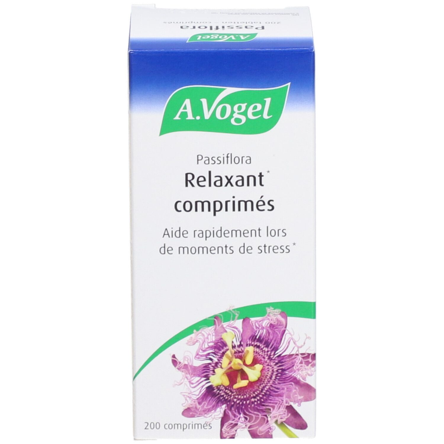 Weiße Schachtel mit blauer Schrift. A. Vogel Passiflora-Komplex Tabletten. 200 Tabletten.