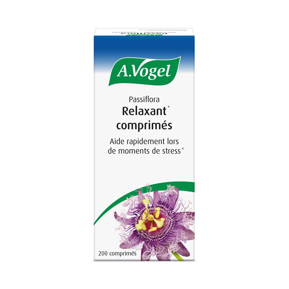 Boîte blanche avec texte bleu. A. Vogel Passiflora-Komplex comprimés. 200 comprimés.